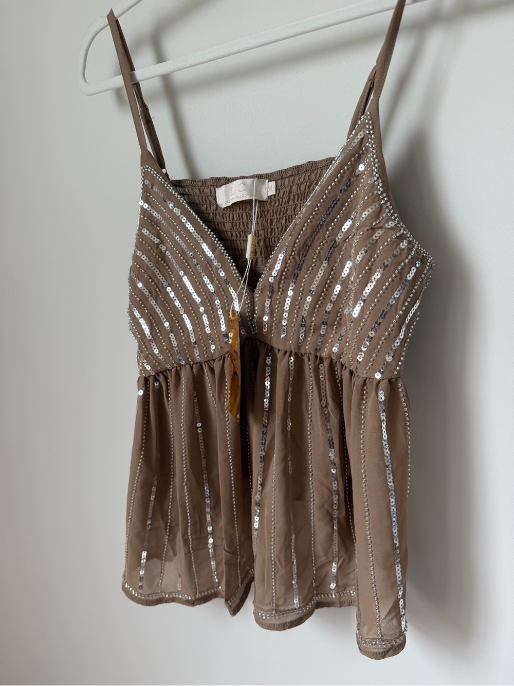 Beaded Sequin tan taupe Camisole tank Top - Picture 2 of 6
